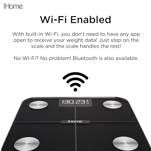 iHome Digital WiFi Smart Scale for Body Weight, Weight Scale, Including BMI, Body Fat, Muscle Mass, Batteries Included (Black Smart WiFi)