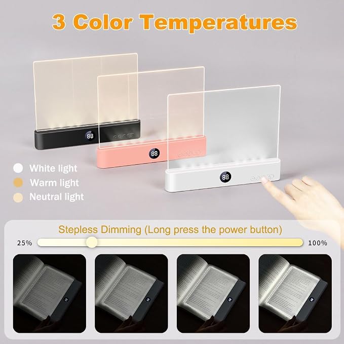 Book Light, Rechargeable Clear LED Flat Reading Light with 3 Colors & Timer, Dimmable Panel Plate Lamp Book Full Page Light for Reading in Bed at Night, Funny Gifts for Readers Kids Women Men (Black)