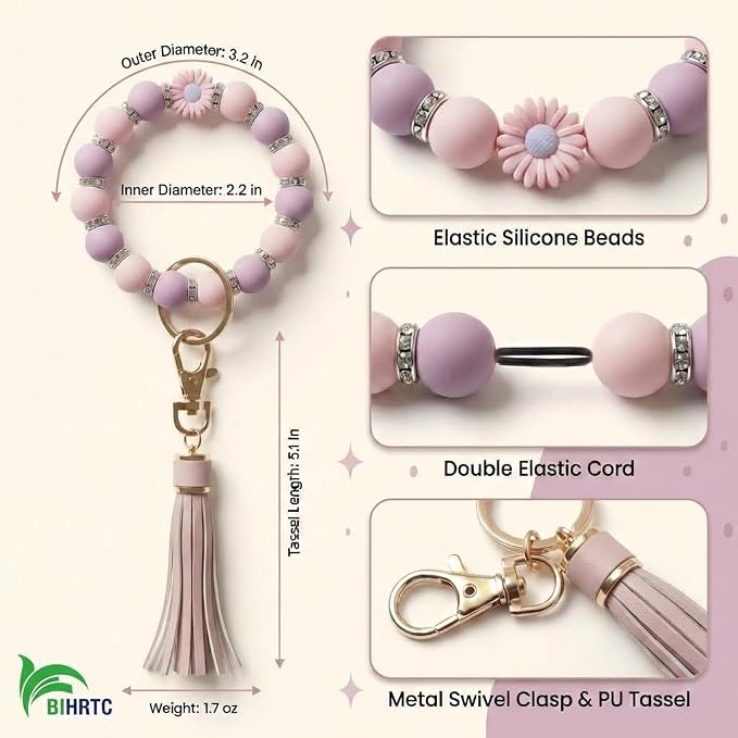 BIHRTC Key Ring Bracelet Car Keychain Holder Wristlet Silicone Women Beaded Bangle Chains