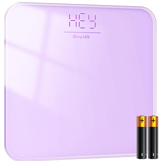 Ovutek Bathroom Scale for Body Weight, Highly Accurate Digital Weighing Machine for People, Upgraded Batteries Included, Compact Size, LED Display, High Standards Sturdy Tempered Glass, 400lb (Purple)