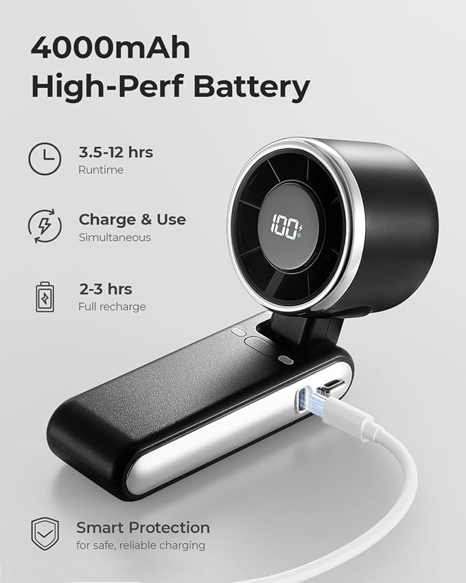 Portable Handheld Turbo Fan - 5 Gear High Speed 4000mAh Rechargeable Mini Personal Hand Fan Blow Cold Air, Battery Operated Travel Essentials, Beach Vacation, Gifts for Women, Men (Black)