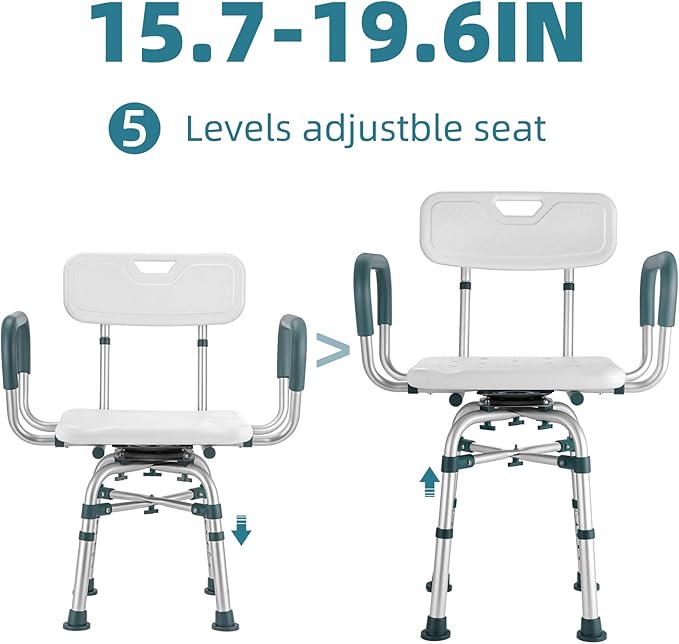Swivel Shower Chair with Arms and Back, 500 lbs Heavy Duty Shower Seat for Inside Shower Stall and Bathtub, Height Adjustable Safety Bath Seat for Elderly, Adults, Handicap and Disabled