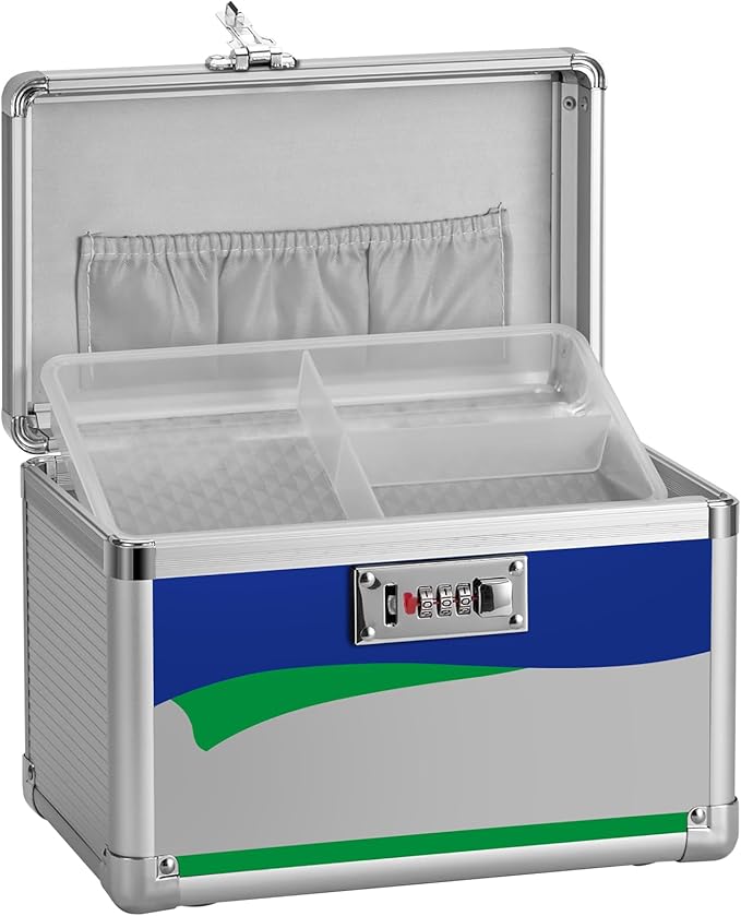 Medicine Storage Box with Code, Empty First Aid Box with Size 10 * 6 * 6.7”, Safe Medication Storage Organizer for Home, Outdoor, Dorm- Silver