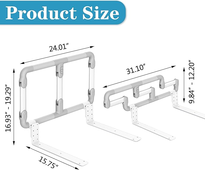 Folding Bed Rails for Elderly Seniors, Bed Assist Rail with Adjustable Heights for Easily Getting in or Out of Bed, Bed Rail Safety Bar, Fits King, Queen, Full, Twin, Medium