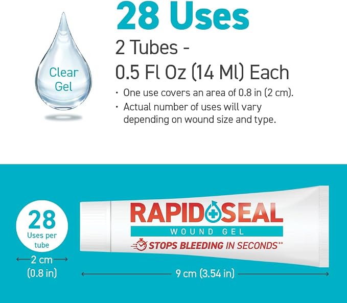 Rapid-Seal Wound Gel (2 Tubes) | Stops Bleeding in Seconds | Ideal for Cuts, Scrapes and Razor Nicks for Emergency First Aid Supplies