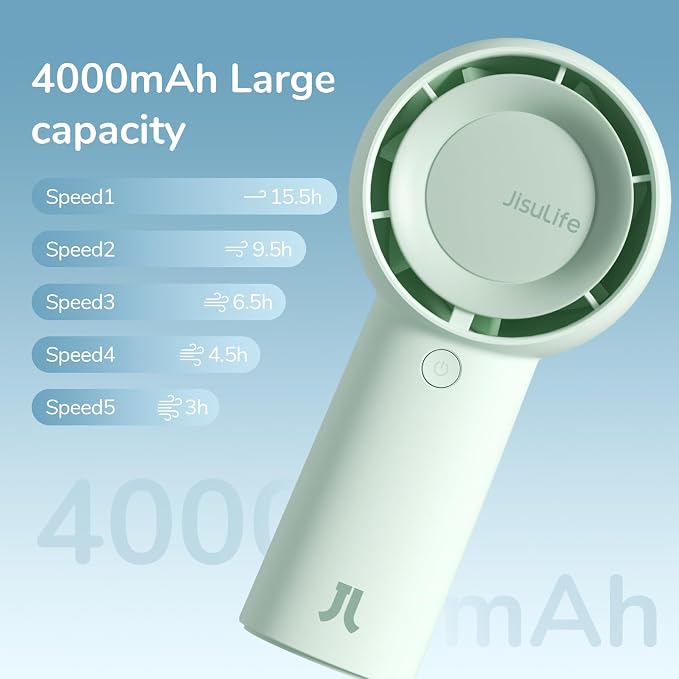 JISULIFE Portable Handheld Turbo Fan Rechargeable 4000mAh 5-Speed (Green) | Up to 16H max cooling, Personal Battery Powered Pocket Fan for Travel/Outdoor/Vacation/Concerts, Birthday Gifts for Women