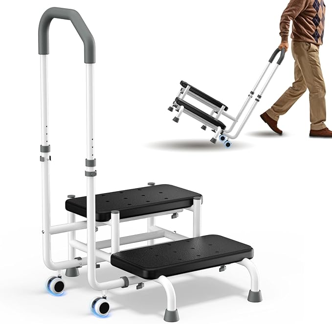2 Step Stool with Handle for Elderly, 2 Lockable Wheel - Bed Steps for High Beds for Adults, 4.3 in Widened Spacing, 5 Level Adjustable Handrail, Foot Stool, for Bedside, Kitchen, RV, Bathtub