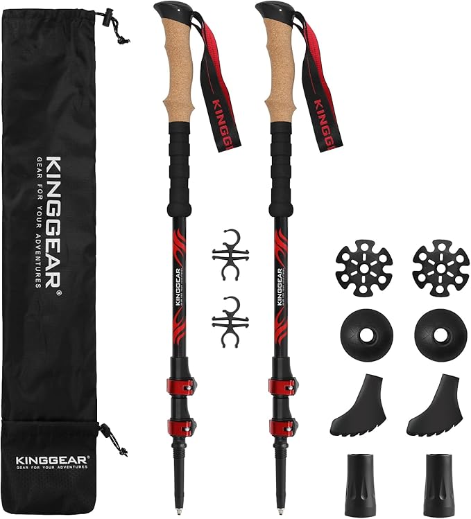 KINGGEAR TPC 100% Carbon Fiber Hiking Poles, Telescopic Retractable Nordic Trekking Poles, Ultra Lightweight Nordic Walking Stick, Metal Flip Locks, Cork and Extended EVA Handle