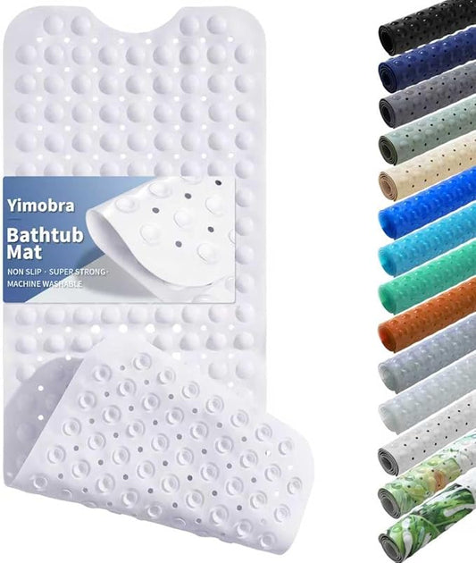 Yimobra Long Bath Tub Mat Non-Slip 40"x16", Super Strong Suction Cups, Shower Mat with Drain Holes, Machine Washable Bathroom Floor Mat, Bathroom Essentials, White
