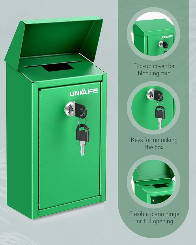 Uniclife Green Metal Donation Box, Wall Mounted Mailbox for Outside | Safe Suggestion Box with Key Lock, Steel Key Drop Box for Outside, Cash Box for Home Office and Business