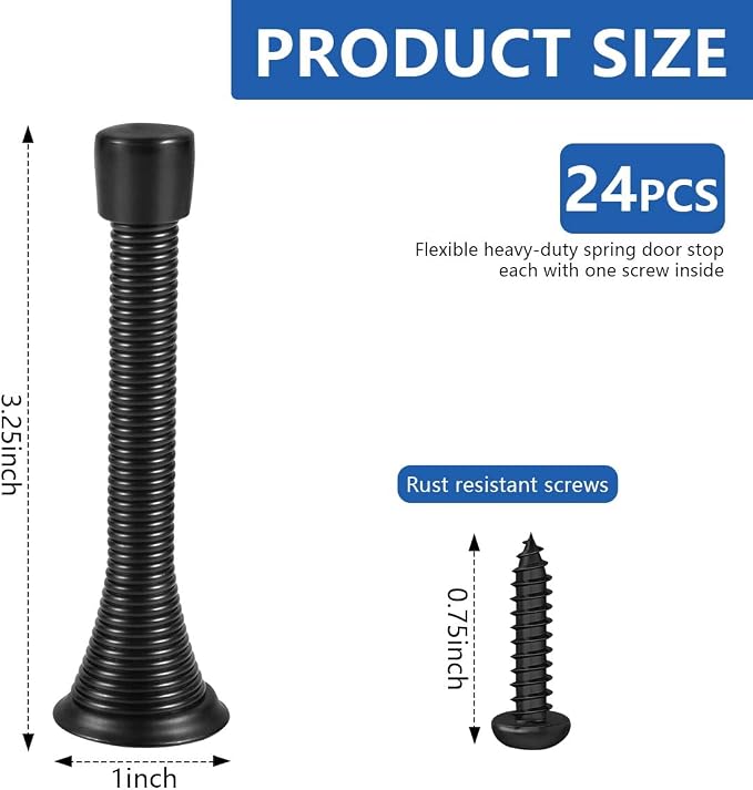 KISEER 24 Pack Spring Door Stops 3 1/4 Inch Flexible Heavy Duty Spring Door Stopper with RustProof Screw Rubber Bumper Tips (Black)
