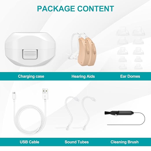 Rechargeable Hearing Aids for Seniors with Noise Reduction, BTE Hearing Aids for People with Mild Moderate Severe Hearing Loss, Dual Microphones, Comfortable Fit - Beige