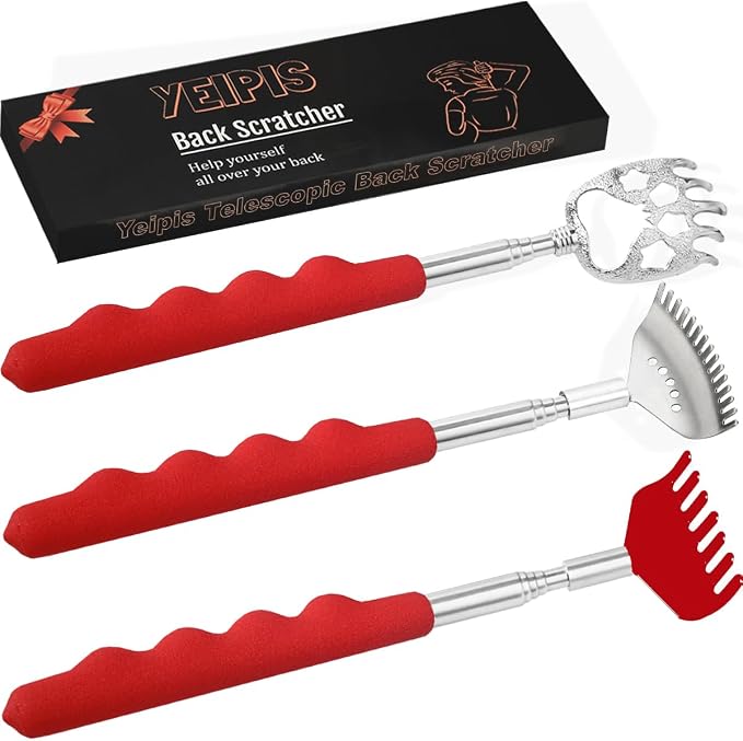 Yeipis 3 Pack Different Back Scratcher Metal Portable Telescoping Back scratchers with Rubber Handles, Extendable Back Massager Tool with Box, Stocking Stuffers for Men Women Kids Adults（Red）