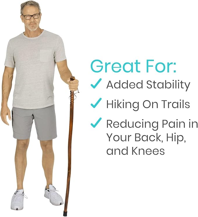 Vive Wooden Walking Stick for Hiking - Handcrafted, Waterproof, with Leather Wrist Strap - Wood Staff for Balance, Women, Men, Seniors - Non-Slip Tip for Safety