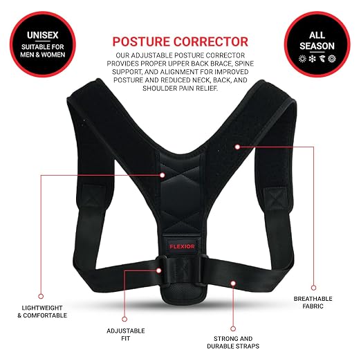 FLEXIOR Posture Corrector for Women and Men, Adjustable Back braces for Upper & Mid Spine Support, Comfortable Back Straightener posture corrector for Back with Carry Bag