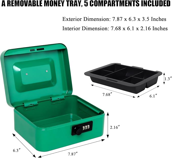 Jssmst Medium Cash Box with Combination Lock - Durable Metal Cash Box with Money Tray Green,7.87 x 6.3 x 3.35 inches
