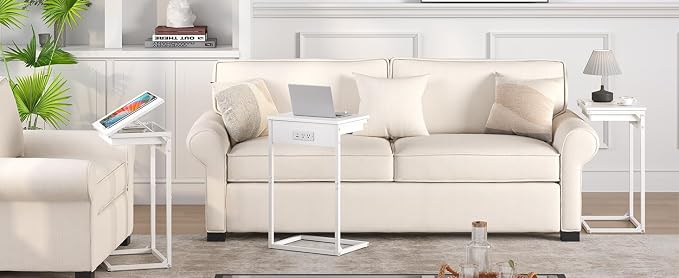 sthmec C Shaped End Table with Charging Station, 45° Tiltable Adjustable Flip Top Side Table with Storage,Small C Table for Small Spaces,Slide Under Couch Sofa Bedside Table for Living Room,White