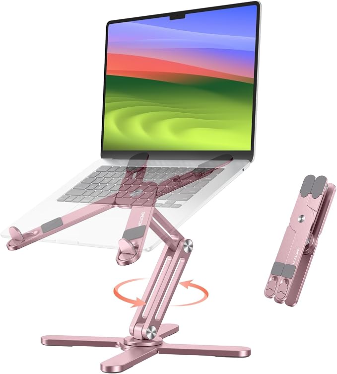OMOTON LA10 360° Rotating Laptop Stand Riser Foldable for Desk, Pink | Aluminium Aolly, Adjustable Height Angles, Collaborative Work, Easy Storage, Fits Laptops up to 17", for MacBook Pro/Air HP
