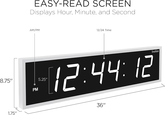 Ivation Oversized Large Digital Wall Clock - Big LED Digital Clock w/Large Display & Durable Aluminum Frame Shelf or Wall Mount (36 Inch - White) 6 Brightness Levels | Time Memory | Remote