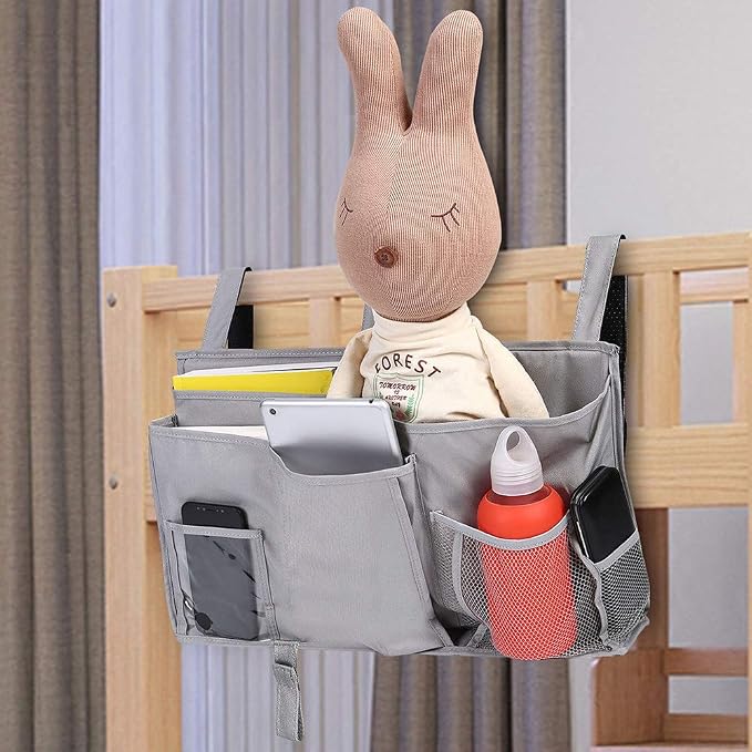 Bunk Bed Organizer - Bedside Storage Caddy with Pocket, Hanging Organizer for Camp, Dorm, Room, Hospital Bed Rail and More (Grey)