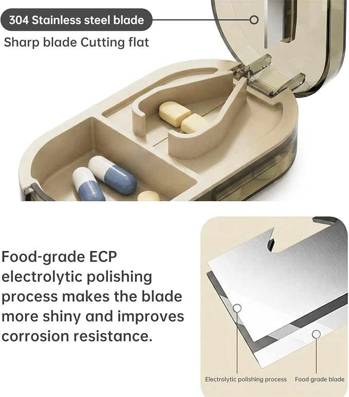 Pill Cutter Splitter for Small or Large Pills, Portable Pill Splitter with Hidden Professional Organizer and Brush, Tablet Cutter Medicine Slicer, Coupe Pilule for Tablets and Vitamins(Brown)
