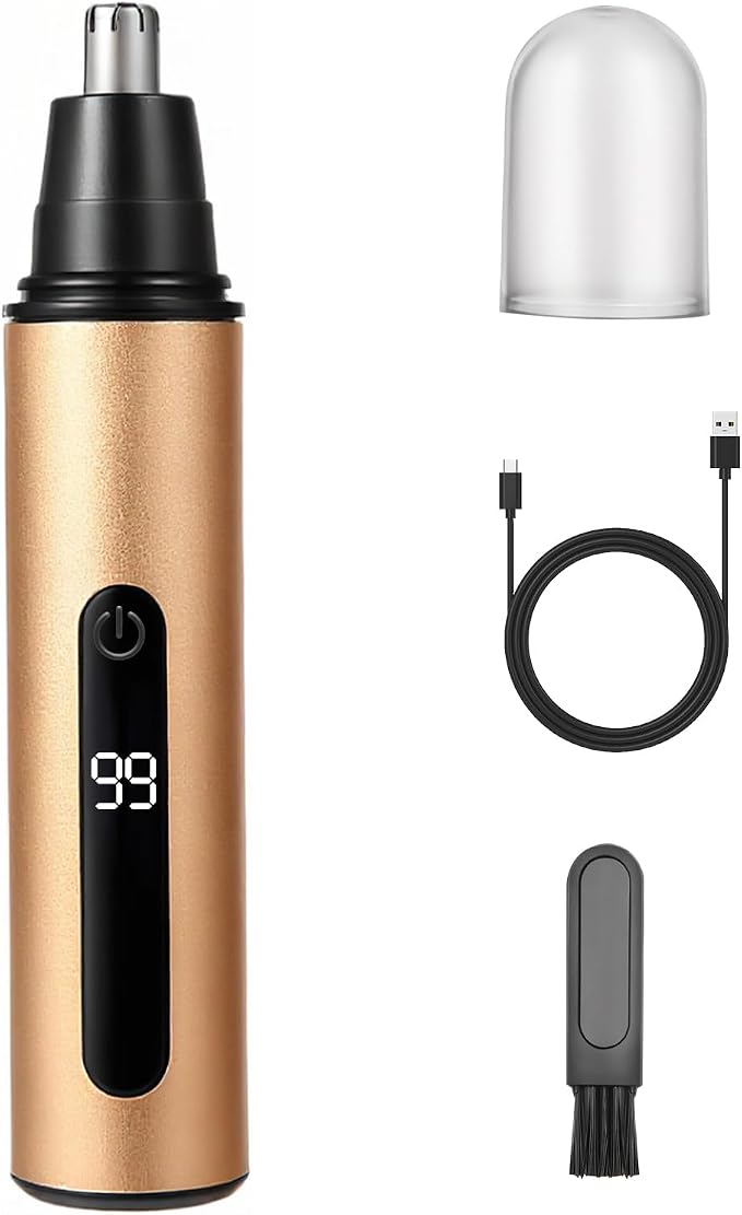 Nose Hair Trimmer for Men and Women,USB Rechargeable Eyebrow & Facial Hair Remover with LED Display,Aluminum Alloy Shell with IPX7 Waterproof,Dual Edge Blades for Easy Cleaning (Gold)