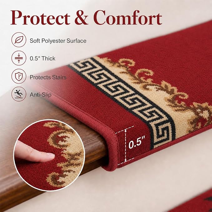 Rounded Bullnose Carpet Stair Treads for Wooden Steps Indoor, No Tape Non Slip Step Mats with TPU Backing & Steel Reinforced Edge for Dogs Elders,Red Border,28