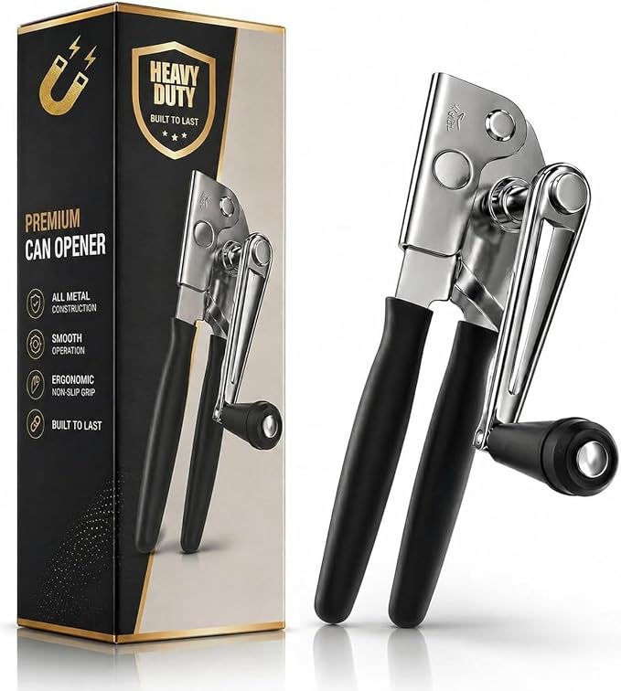 Heavy Duty Commercial Can Opener – Stainless Steel Can Opener for Large & Small Cans, Manual 360° Smooth Crank with Ergonomic Long Handles, Non-Slip Grip, 2-in-1 Bottle Opener for Restaurants & Home