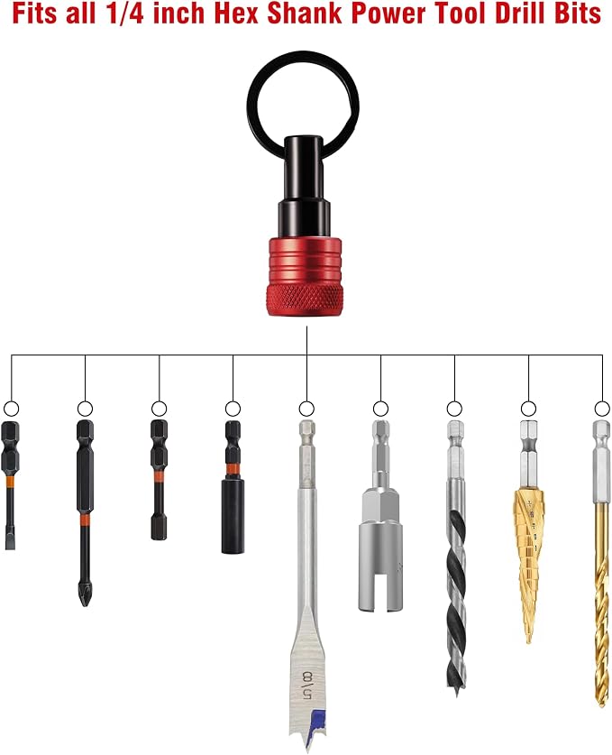 Katerk Bit Holder Keychain 12 Pcs, 1/4-Inch Hex Shank, Quick Release, Red | Aluminum Alloy, Impact Drivers, Drill Bits, Tool Belt Use, Carabiner Clip, One-Handed Operation, Ball Lock, Compact Organizer
