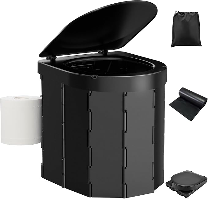 Portable Camping Toilet, Folding Toilet for Adults with Lid and Retractable Toilet Paper Holder, Waterproof Porta Potty with Carry Bag and Disposible Liners