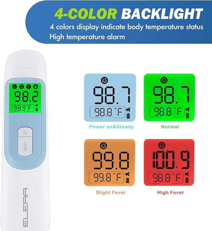 Ear Thermometer for Baby, ELERA Infrared LCD Thermometer with Automatic Switching Mode of Ear & Forehead, 1s Measurement, 4 Color Backlight Display with Fever Indicator