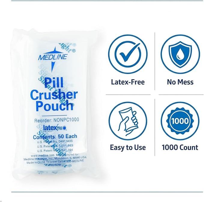Medline Silent Knight Pill Crusher Medication Pouches, 1000 Count | Durable Puncture-Resistant Plastic, Safe and Sealed Storage, Label Sticker for Identification, Compact Size for Travel
