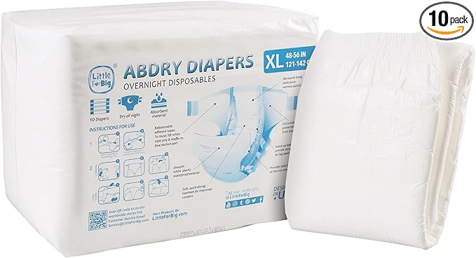 Littleforbig Adult Diaper 10 Pieces - ABDry White Diapers (X-Large 48"-56")