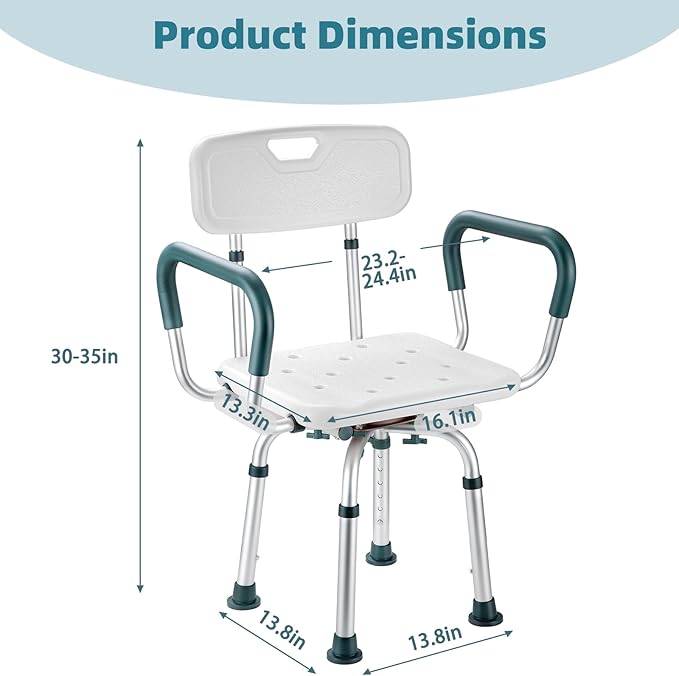 Swivel Shower Chair with Arms and Back, 400 lbs Heavy Duty Shower Seat for Inside Shower Stall and Bathtub, Height Adjustable Safety Bath Seat for Elderly, Adults, Handicap and Disabled