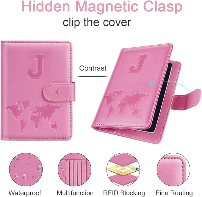 Passport Holder Cover Initial Letter A-Z Travel Wallet Personalized | Travel Essentials, Embossed Design, RFID Blocking, Personalized Gift, Passport Book Holders for Women Girls, Pink-J