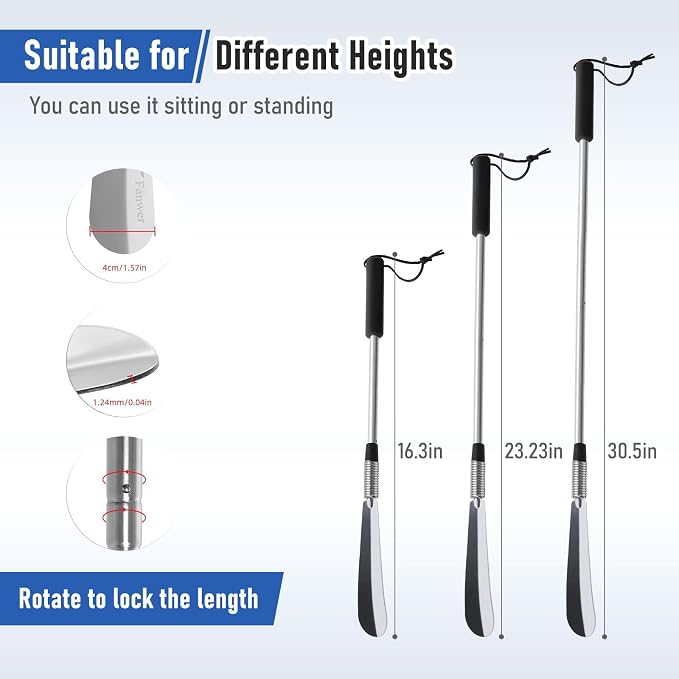 Fanwer Extendable Shoe Horn Long Handle for Seniors, Long Shoehorn | 16" to 31"Adjustable, Twist to Lock, Stainless Steel, Metal Travel Shoe Horn, Helper Tool for Men Women