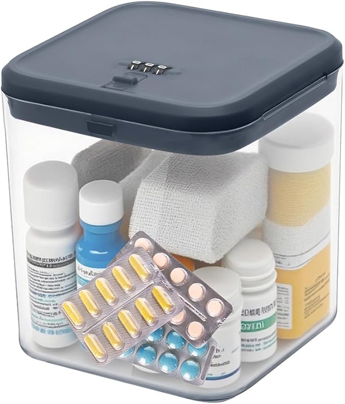 Clear Lockable Storage Box with Combination Lock - Heavy Duty Medicine,Food,Snack & Electronics Organizer Jar,Childproof Phone Jail,Gaming Device Lockbox Container Tank,Self Control Prize Bin (Navy)