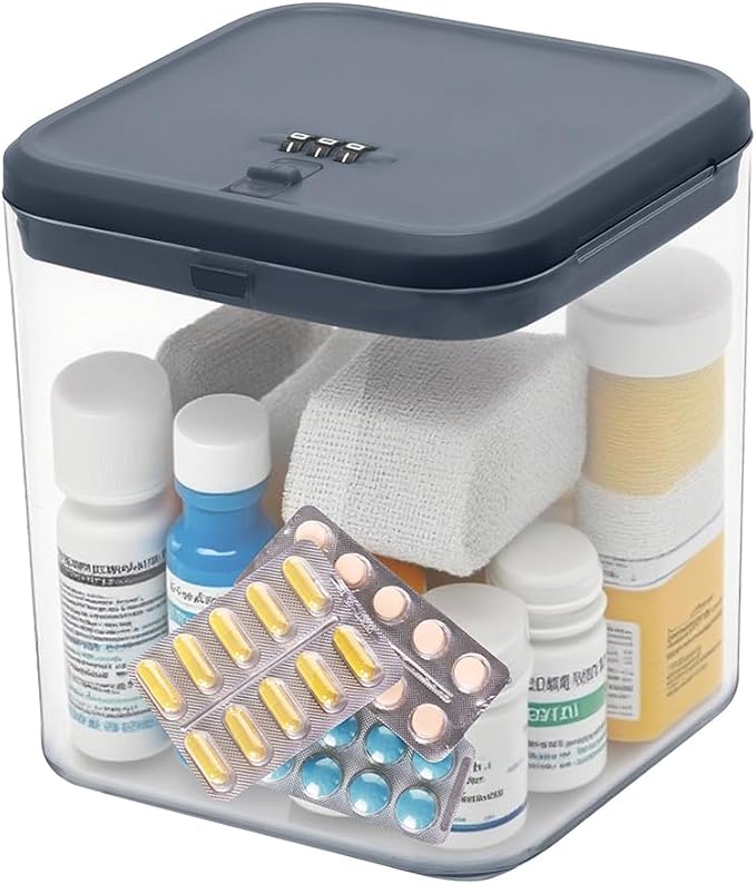 Clear Lockable Storage Box for Medicine Safe,Food Jar,Snacks,Phone - Secure Lock Box Refrigeator Container Bin Store Tank with Combination for Kitchen,Home,Office,Hospital (5.6×5.6×6.3 In) (Navy)