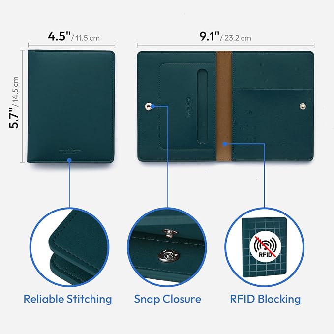 Premium RFID Blocking Leather Passport Holder & Wallet –Dark Green | Family Travel Document Organizer – for 2 Passports, Cards, Boarding Passes & Travel Essentials