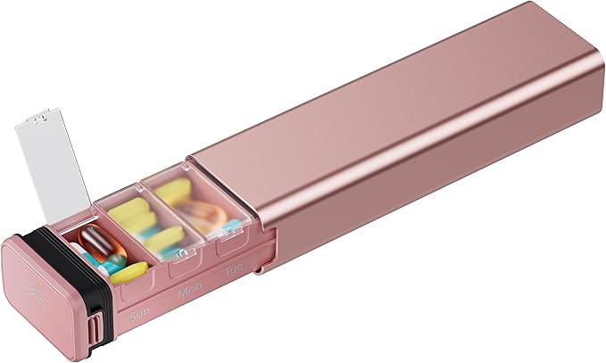 7 Day Weekly Metal Pill Organizer for Travel, Kursoaya Premium Aluminum Daily Pill Box, Cute Portable Pill Case, Large Capacity Pill Holder for Supplements, Pills, Vitamins, Medicine