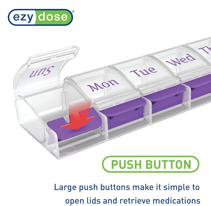 EZY DOSE Weekly (7-Day) AM/PM Daily Pill Organizer, Vitamin Case, and Medicine Container, X-Large Compartments, Arthritis Friendly, Convenient with Effortless Portability, Clear/Purple Lids, BPA Free