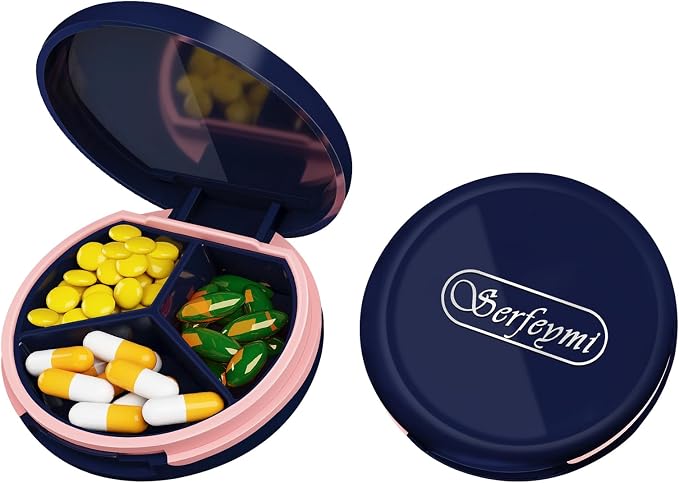 Serfeymi Small Pill Case for Purse, Unique Artistic Patterns Travel Pill Box with 3 Compartments, Portable Mini Pill Organizer for Pocket, Decorative Pill Container for Purse - Dark Blue(Logo)