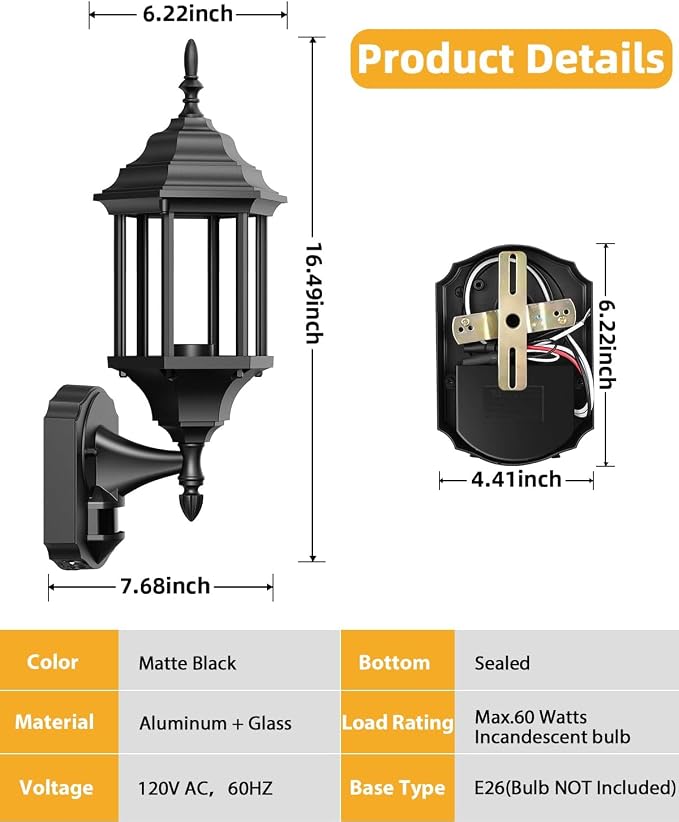 Redluck Motion Sensor Outdoor Wall Light Fixtures, 2 Pack Outdoor Wall Lamp | Dusk to Dawn, Anti-Rust, Waterproof Aluminum Frame, Tempered Glass & Classic Exterior Porch Lights for House Garage, Black