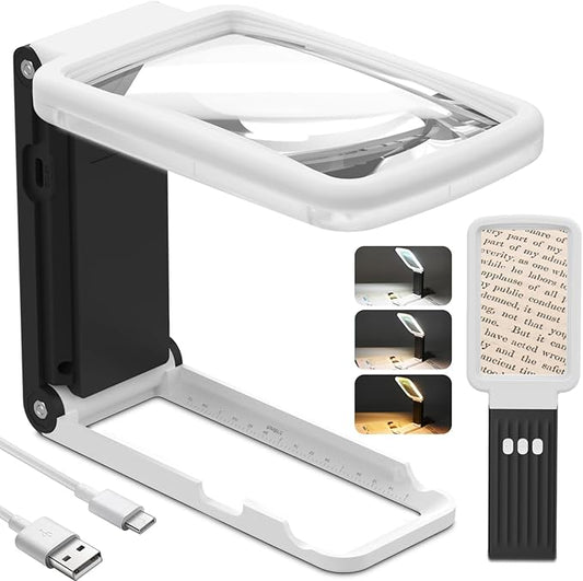 10X Magnifying Glass with Light and Stand, Real Glass Lens, Rechargeable Foldable Handheld Magnifier, 3 Color Modes Dimmable Lighted Page Magnifier for Reading Fine Prints, Low Vision Seniors