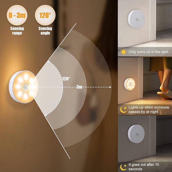 3 PCS Motion Sensor Light, Rechargeable Night Light(3000K Warm Yellow) | 8 LEDs, with USB Cable & Magnetic Patch, 3 Modes, Cordless Safe Wall Light for Kitchen, Bookshelves, Drawers
