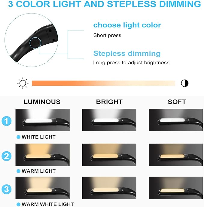 LED Neck Reading Light,Book Lights for Reading in Bed,Adjustable Brightness Desk Lamp,3 Color,with Bendable Arms,Suitable for Repairing,Night Running,Walking,Knitting,Camping (1PCS)