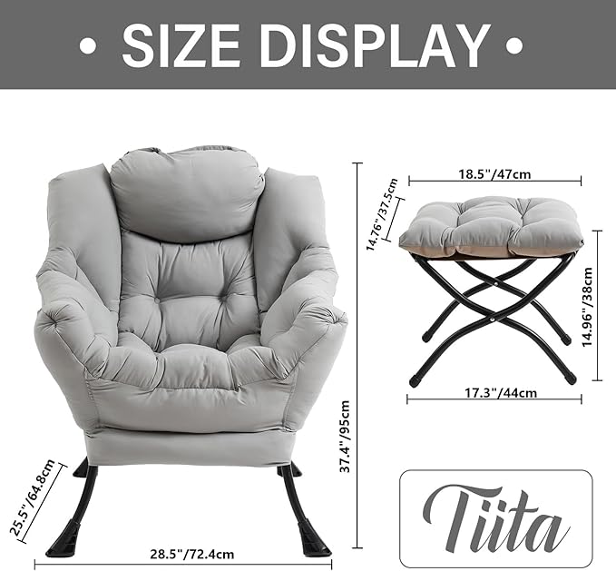 Tiita Lazy Chair with Ottoman, Modern Large Accent Lounge Armchair, Comfy Leisure Sofa Reading Chair with Footrest for Bedroom, Living Room, Dorm Rooms, Garden and Courtyard, Light Grey
