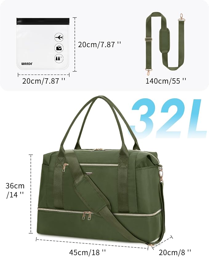 WANDF For Spirit Airlines Personal Item Bag 18x14x8 Underseat with Wet Pocket & Shoe Compartment & Tsa Approved Toiletry Bag