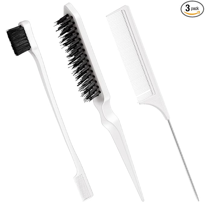 Geiserailie 3 Pcs Slick Back Hair Brush Set Bristle Brush Edge Control Teasing Comb for Women Black Hair(White)