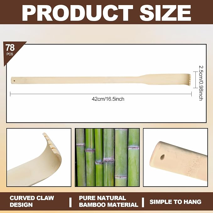 78 Pcs Bamboo Back Scratcher for Itching Relief and Body Massage Bulk Wooden Long Traditional Manual Back Massager for Elderly Women Men, Family, Friends, Nursing Gifts